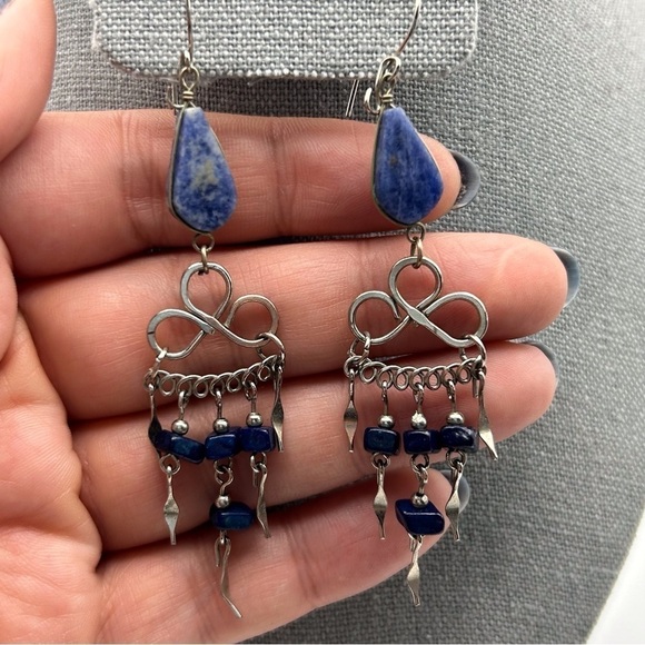 Boho Genuine Blue Stone Long Dangle Tassel Earrings Silver Tone Layered Knotted - Picture 5 of 9